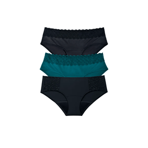 Combo Panties Hipster Negro - Flujo Abundante + Hipster Negro y Hipster Aqua - Flujo Regular